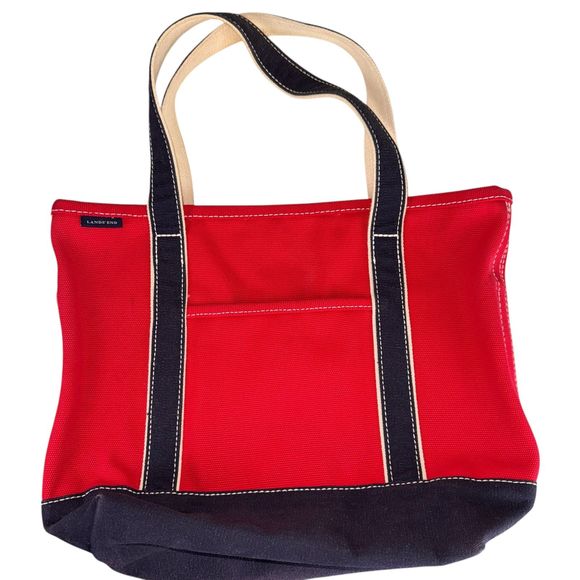 Lands' End Handbags - Lands End Red Blue Large Solid Open Top Canvas Tote Bag Long Handle